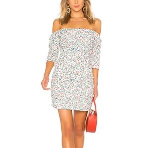NEW Lovers + Friends floral ruched half puff sleeve cotton mini dress L